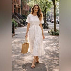 White Eyelet Lace Midi Dress Boho Cottagecore Prairie Summer Anthropologie Med